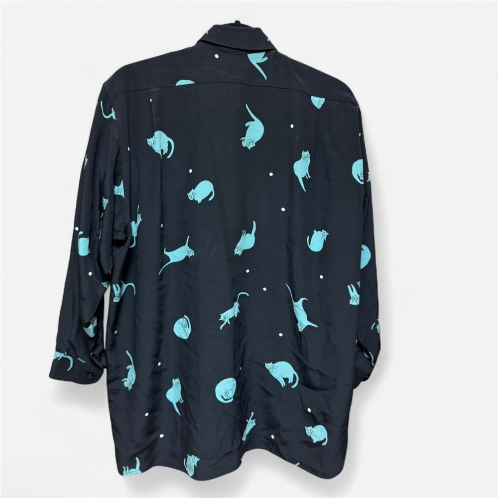 Vintage Silk Bonnie Yim Cat Pattern Button Up Blouse - Picture 2 of 7